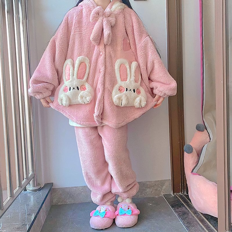 Kawaii Rabbit Pink Fuzzy Lounge PJ Sets - Kirakira World - grungestyle - kawaii fashion -kawaii store-kawaii aesthetic - kawaiistyle