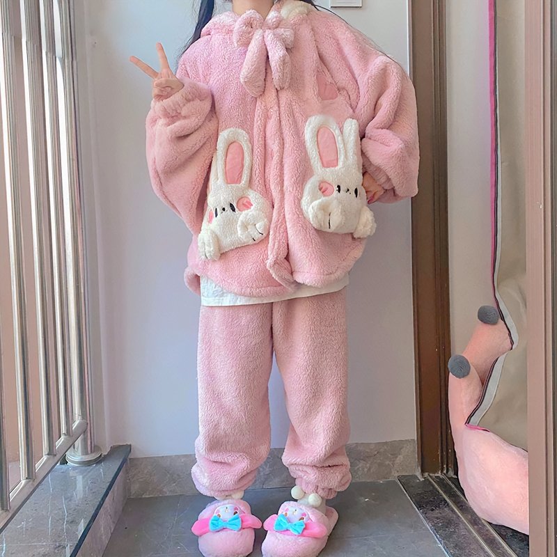 Kawaii Rabbit Pink Fuzzy Lounge PJ Sets - Kirakira World - grungestyle - kawaii fashion -kawaii store-kawaii aesthetic - kawaiistyle