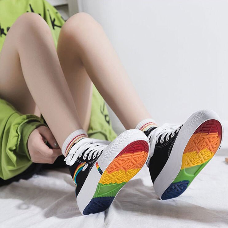 Rainbow High Top Canvas Sneakers - Kirakira World - grungestyle - kawaii fashion -kawaii store-kawaii aesthetic - kawaiistyle