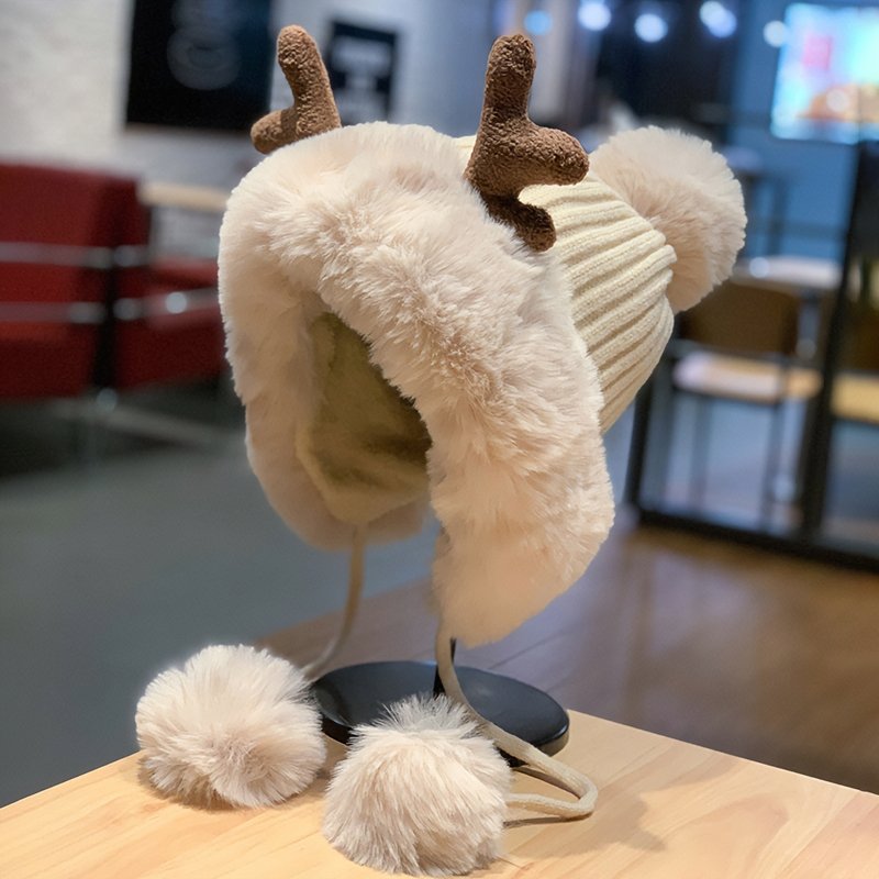 Cute Reindeer Pom Pom Winter Knit Hat - Kirakira World - grungestyle - kawaii fashion -kawaii store-kawaii aesthetic - kawaiistyle