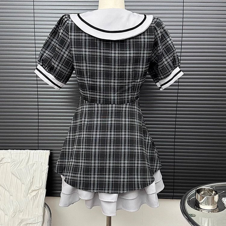 Retro Plaid Sailor Collar Short-Sleeved Dress - Kirakira World