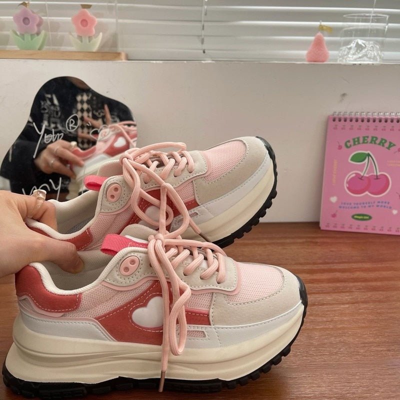 Love Heart Pink Color Block Sneakers - Kirakira World - grungestyle - kawaii fashion -kawaii store-kawaii aesthetic - kawaiistyle