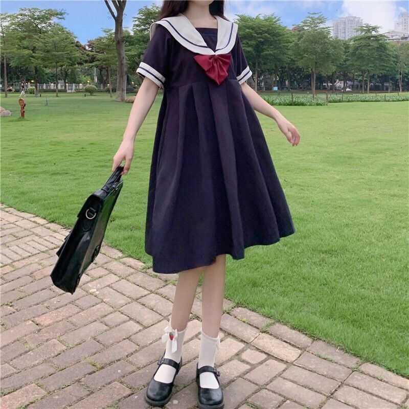 College Style Sailor Collar Bow Dress - Kirakira World - grungestyle - kawaii fashion -kawaii store-kawaii aesthetic - kawaiistyle