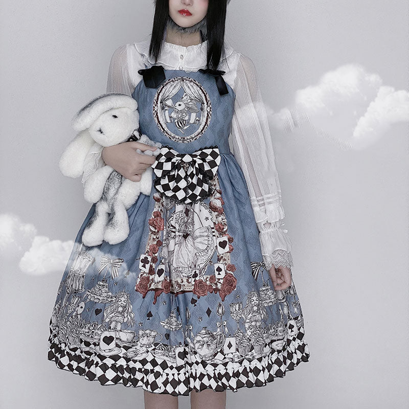 Gothic Alice Printed Lolita Suspender Dress - Kirakira World - grungestyle - kawaii fashion -kawaii store-kawaii aesthetic - kawaiistyle