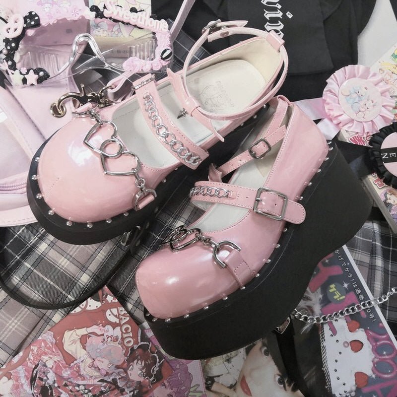 Bow Knot Chain Goth Lolita Mary Janes Shoes - Kirakira World - grungestyle - kawaii fashion -kawaii store-kawaii aesthetic - kawaiistyle