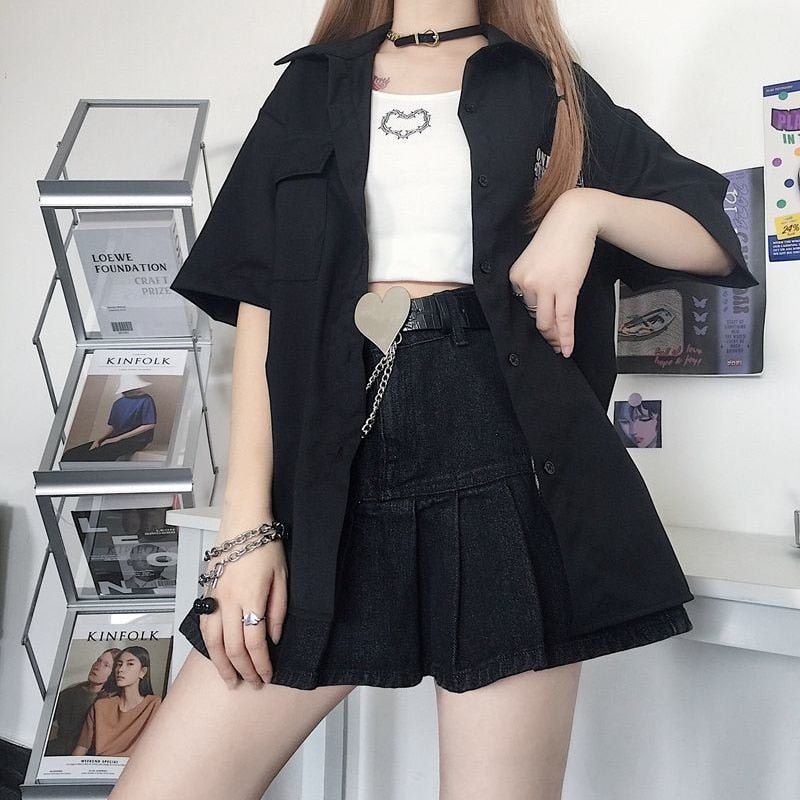 Pastel Goth Bow Pocket Black Denim Skirt - Kirakira World - grungestyle - kawaii fashion -kawaii store-kawaii aesthetic - kawaiistyle