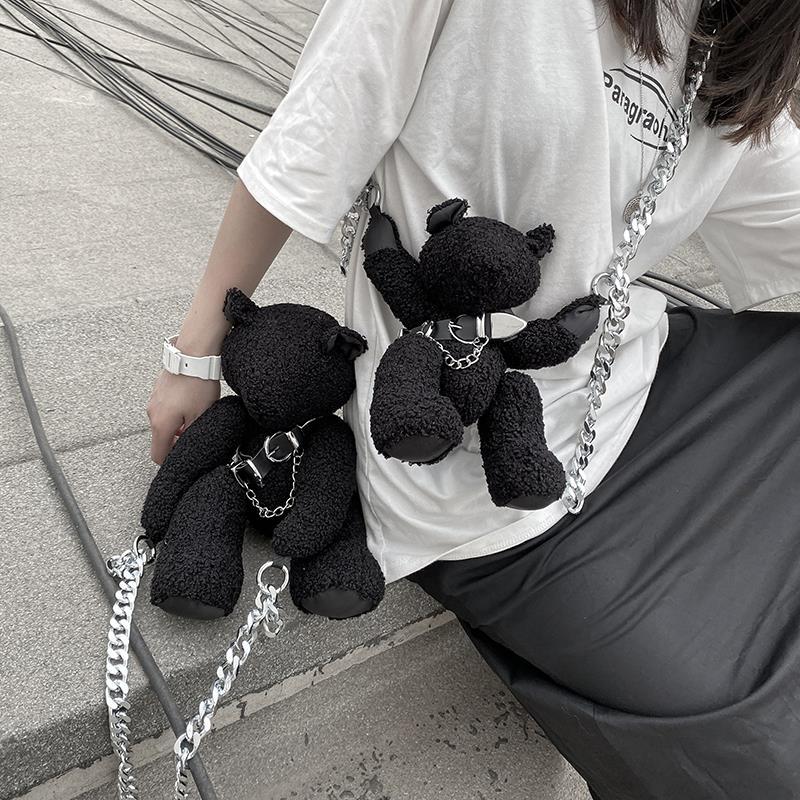 Dark Black Plush Bear Crossbody Bag - Kirakira World - grungestyle - kawaii fashion -kawaii store-kawaii aesthetic - kawaiistyle