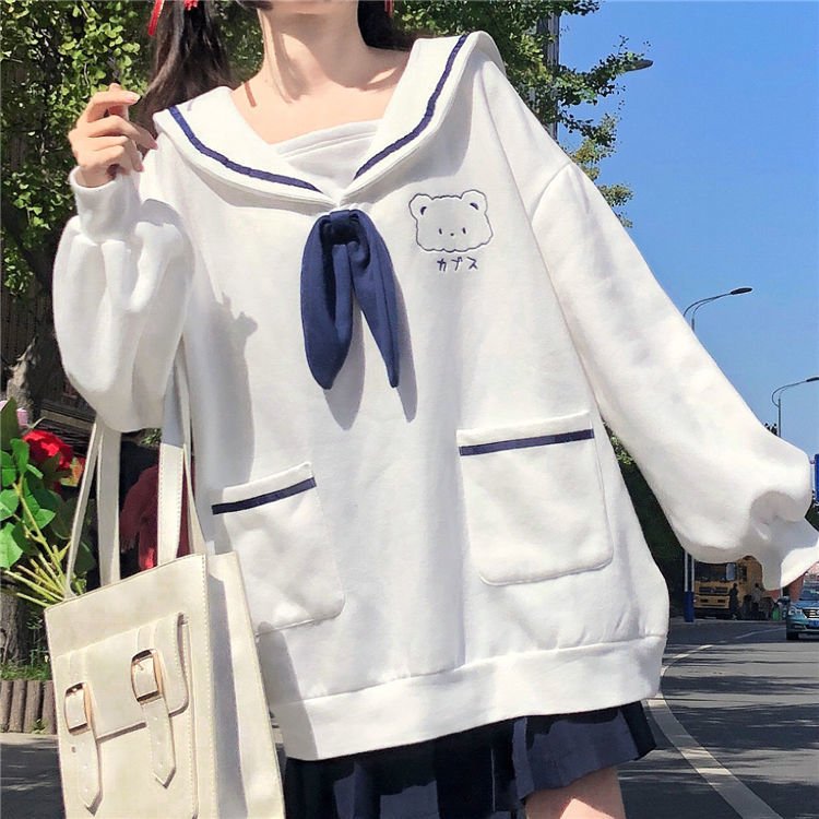 Sweet Loose Sailor Collar Sweatshirt - Kirakira World - grungestyle - kawaii fashion -kawaii store-kawaii aesthetic - kawaiistyle