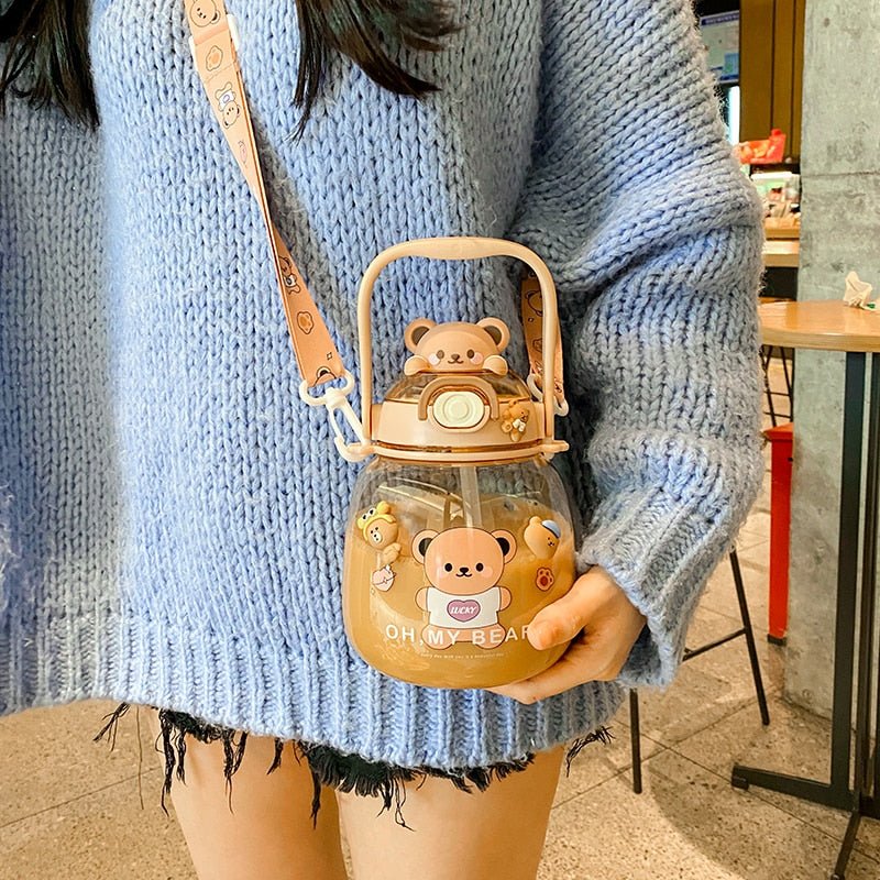 BPA Free Cute Animal Plastic Water Bottle With Straw & 3D sticker - Kirakira World - grungestyle - kawaii fashion -kawaii store-kawaii aesthetic - kawaiistyle
