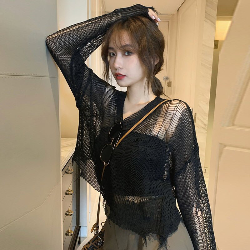 Korean style Gothic Fishnet Streetwear Top - Kirakira World - grungestyle - kawaii fashion -kawaii store-kawaii aesthetic - kawaiistyle