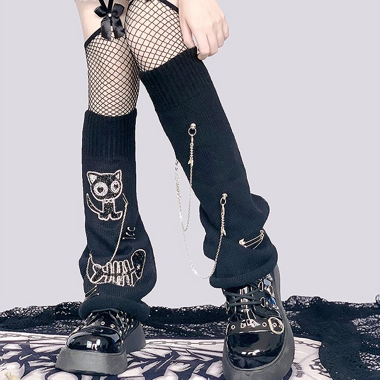 Sequins Black Cat and Chain Leg Warmers - Kirakira World