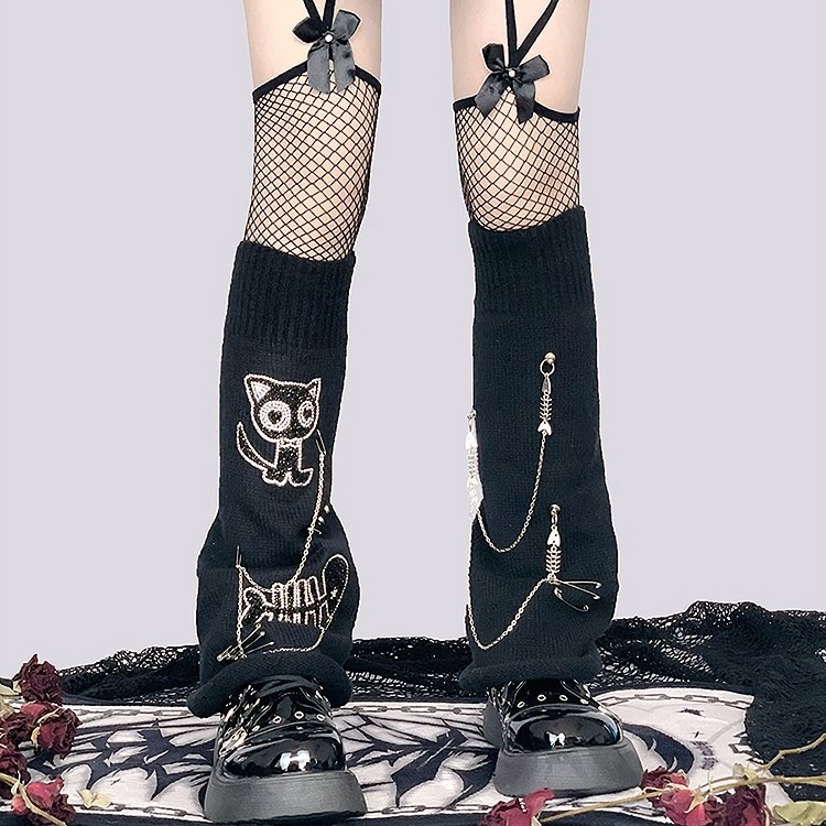 Sequins Black Cat and Chain Leg Warmers - Kirakira World