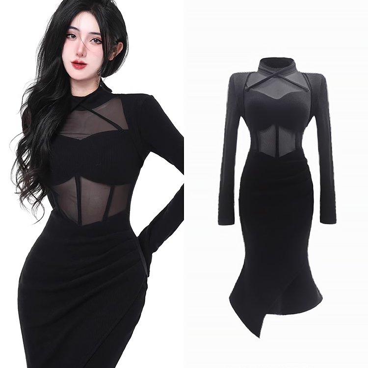 Sexy Slim Mesh Ribbed Fabric Black Long Dress - Kirakira World