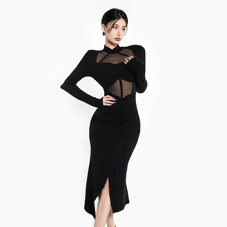 Sexy Slim Mesh Ribbed Fabric Black Long Dress - Kirakira World