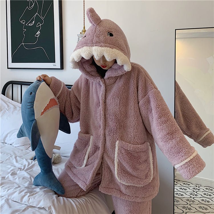 Cute Cartoon Shark Hooded Fuzzy Lounge PJ Sets - Kirakira World - grungestyle - kawaii fashion -kawaii store-kawaii aesthetic - kawaiistyle