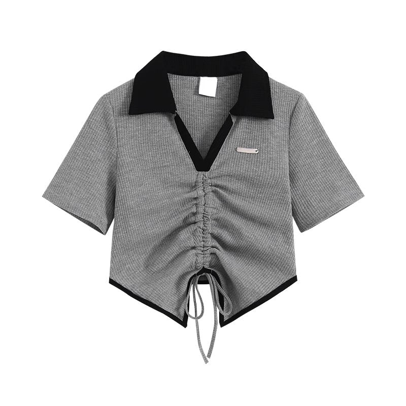 Shirring Polo Short-Sleeve Crop Tee / Black Shorts - Kirakira World