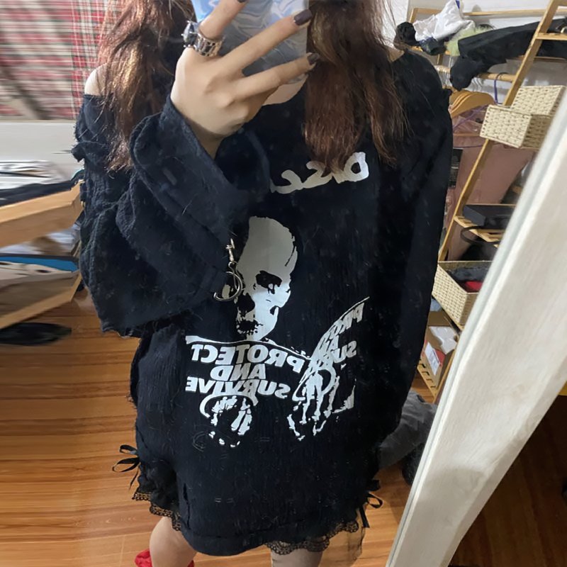 Skull Gauze Long Sleeve Top - Black - Kirakira World