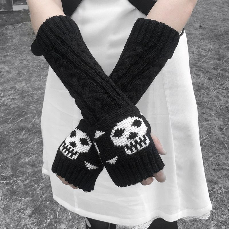 Skull Pattern Knitted Fingerless Gloves - Kirakira World - grungestyle - kawaii fashion -kawaii store-kawaii aesthetic - kawaiistyle