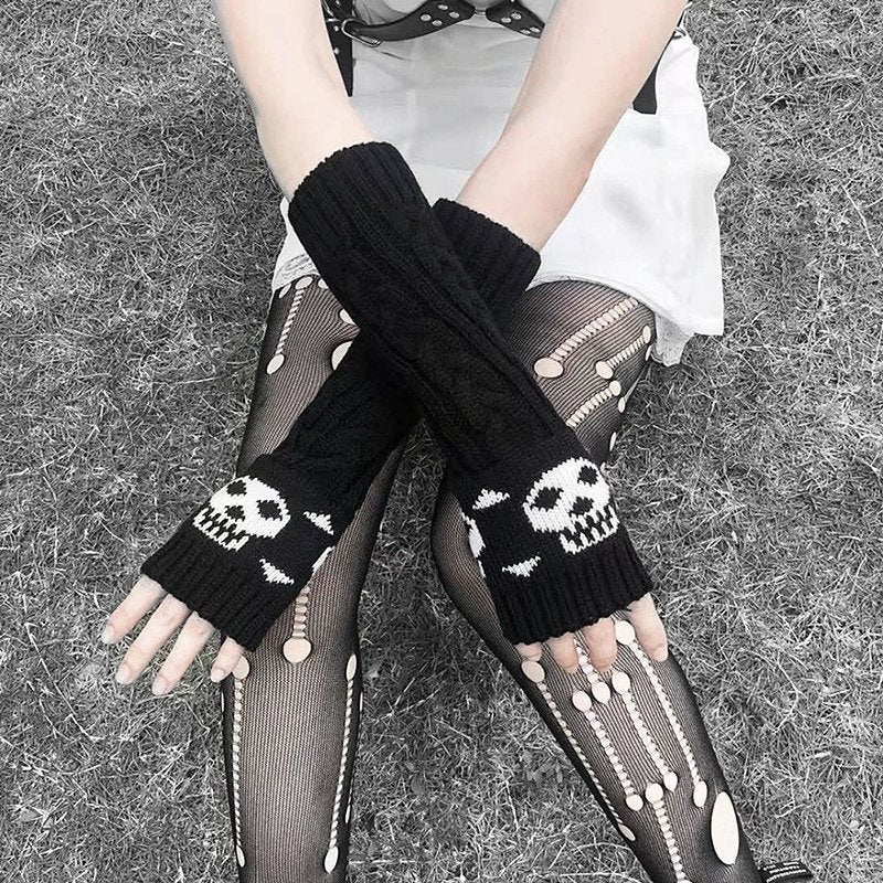 Skull Pattern Knitted Fingerless Gloves - Kirakira World - grungestyle - kawaii fashion -kawaii store-kawaii aesthetic - kawaiistyle