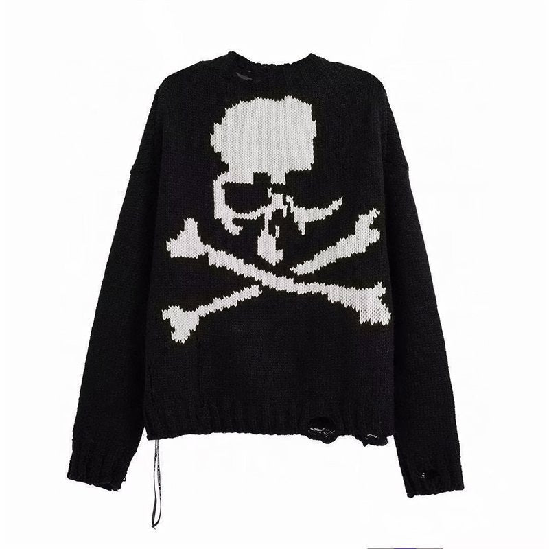 Skull Print Hollow Out Knit Sweater - Kirakira World - grungestyle - kawaii fashion -kawaii store-kawaii aesthetic - kawaiistyle