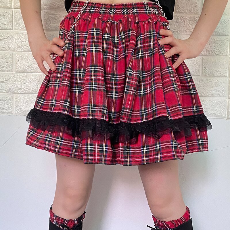 Spice Girl Lace Plaid Skirt - Red - Kirakira World
