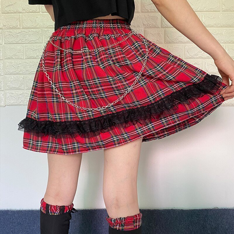 Spice Girl Lace Plaid Skirt - Red - Kirakira World