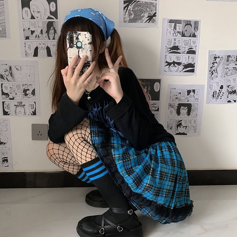Spice Girl Lace Plaid Skirt - Blue - Kirakira World