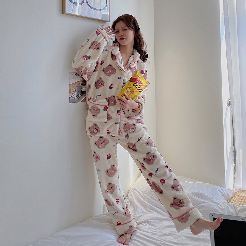 Cute Strawberry Bear Fuzzy Lounge Pajama Set - Kirakira World - grungestyle - kawaii fashion -kawaii store-kawaii aesthetic - kawaiistyle