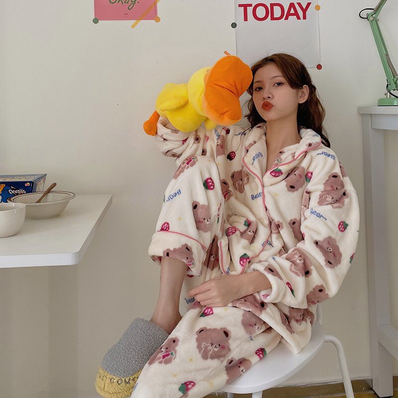 Cute Strawberry Bear Fuzzy Lounge Pajama Set - Kirakira World - grungestyle - kawaii fashion -kawaii store-kawaii aesthetic - kawaiistyle