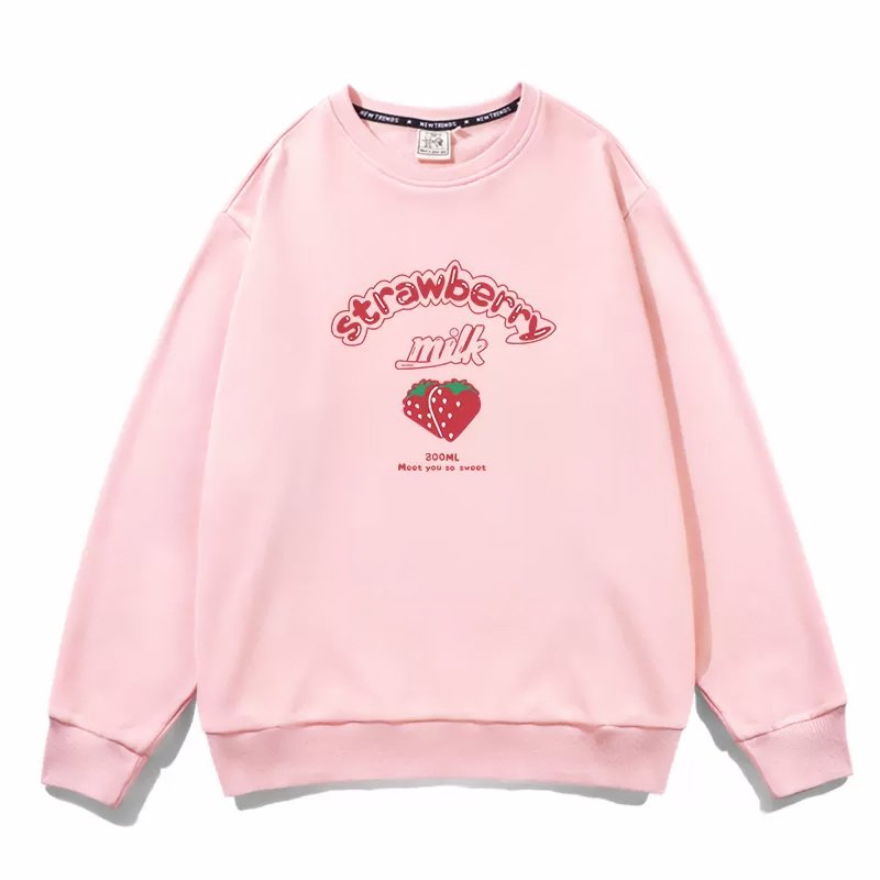 Strawberry Milk Round Neck 100% Cotton Sweatshirt - Kirakira World - grungestyle - kawaii fashion -kawaii store-kawaii aesthetic - kawaiistyle