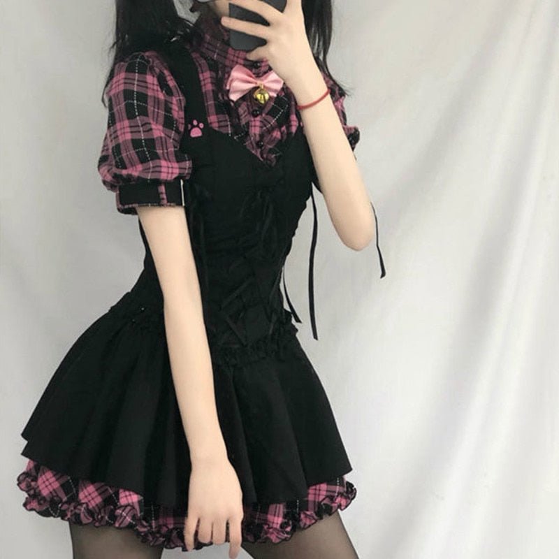 Kirakira World Lolita Pink Plaid Short Sleeve Strap Midi Dress Pink Black / S (US Xs )