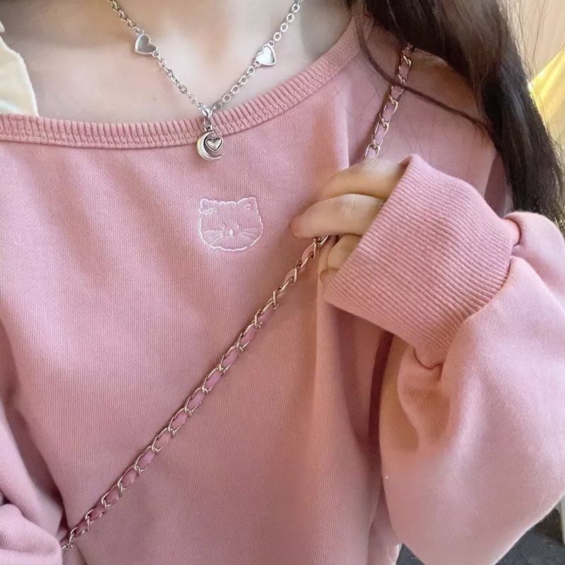Sweet Pink Cat Embroidery Off Shoulder Sweatshirt - Kirakira World - grungestyle - kawaii fashion -kawaii store-kawaii aesthetic - kawaiistyle