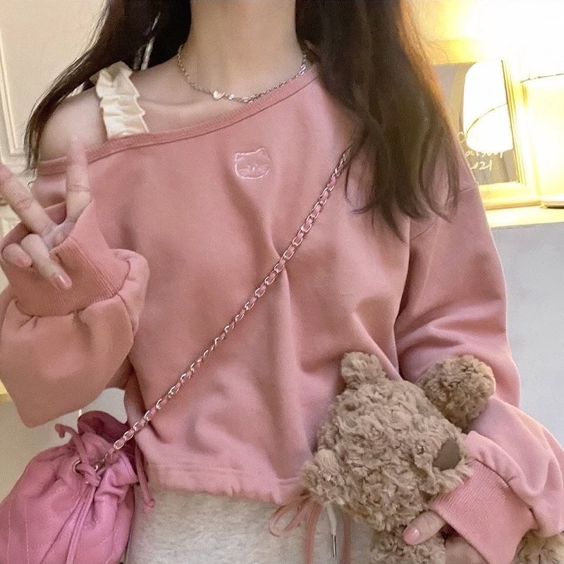 Sweet Pink Cat Embroidery Off Shoulder Sweatshirt - Kirakira World - grungestyle - kawaii fashion -kawaii store-kawaii aesthetic - kawaiistyle