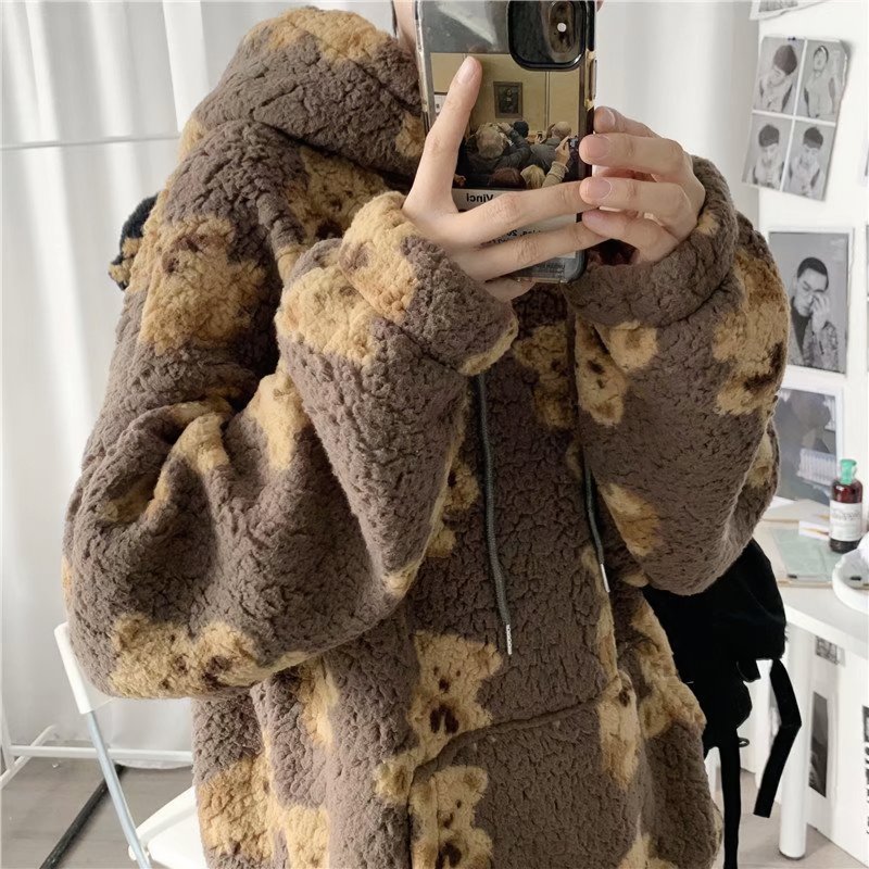 Teddy Bear Pattern Fuzzy Pullover Hoodie - Kirakira World - grungestyle - kawaii fashion -kawaii store-kawaii aesthetic - kawaiistyle