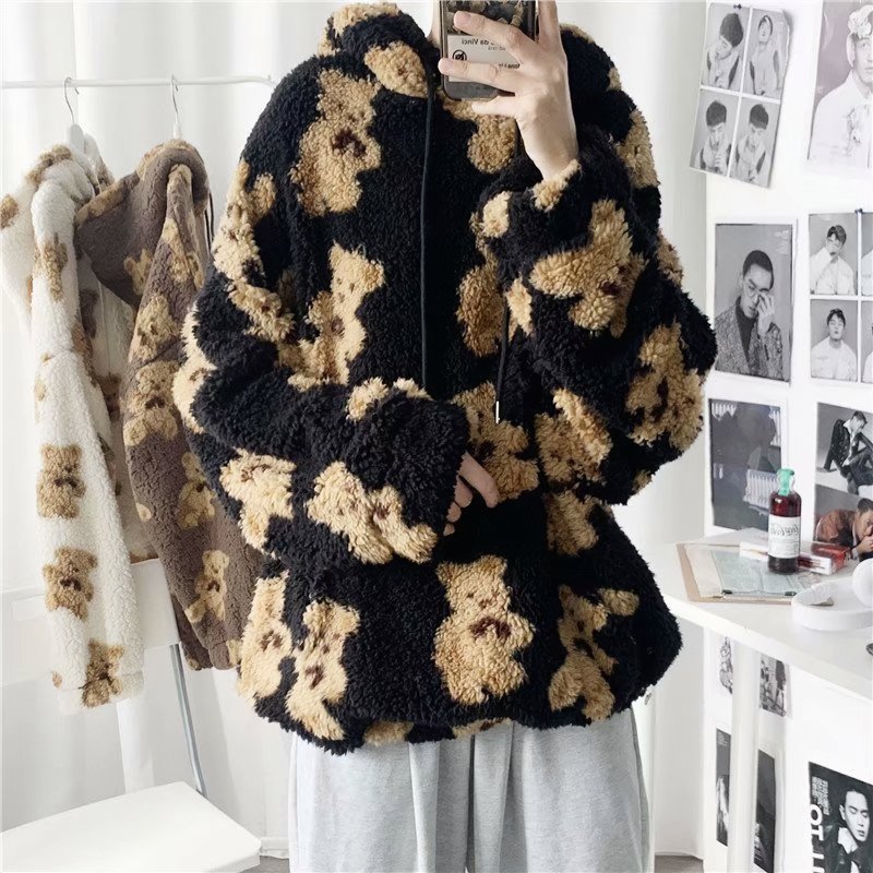 Teddy Bear Pattern Fuzzy Pullover Hoodie - Kirakira World - grungestyle - kawaii fashion -kawaii store-kawaii aesthetic - kawaiistyle