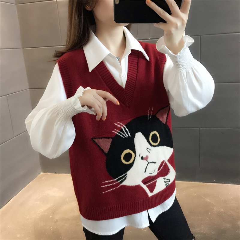 Vintage Cute Cat Printed Knitted Vest - Kirakira World - grungestyle - kawaii fashion -kawaii store-kawaii aesthetic - kawaiistyle