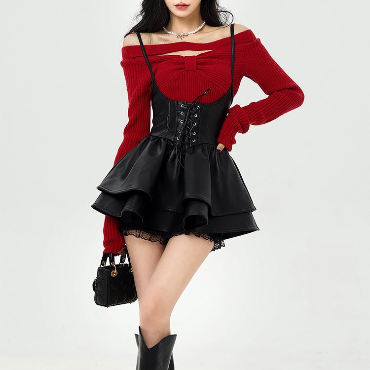 📢 Late shipping 5 days plus- Waist Strap PU Leather Overall Skirt - Kirakira World