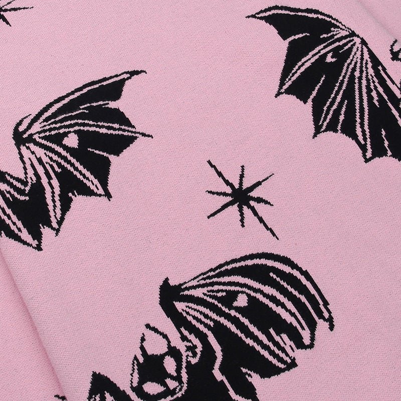 Y2K Bat Print Round Collar Casual Sweater - Kirakira World - grungestyle - kawaii fashion -kawaii store-kawaii aesthetic - kawaiistyle