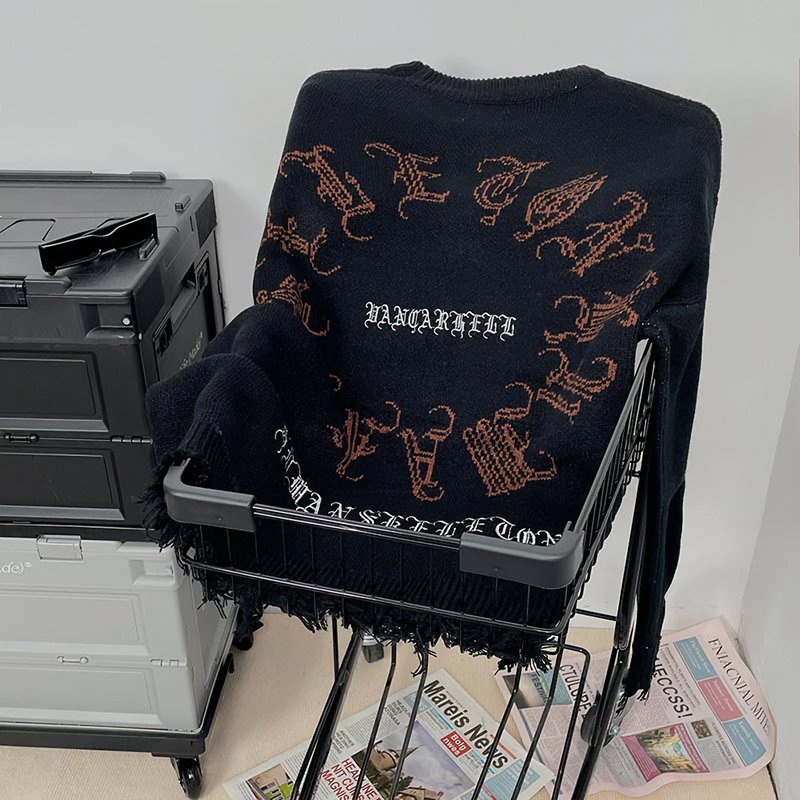 Grunge Y2k Dark Printed Knit Sweater - Kirakira World - grungestyle - kawaii fashion -kawaii store-kawaii aesthetic - kawaiistyle