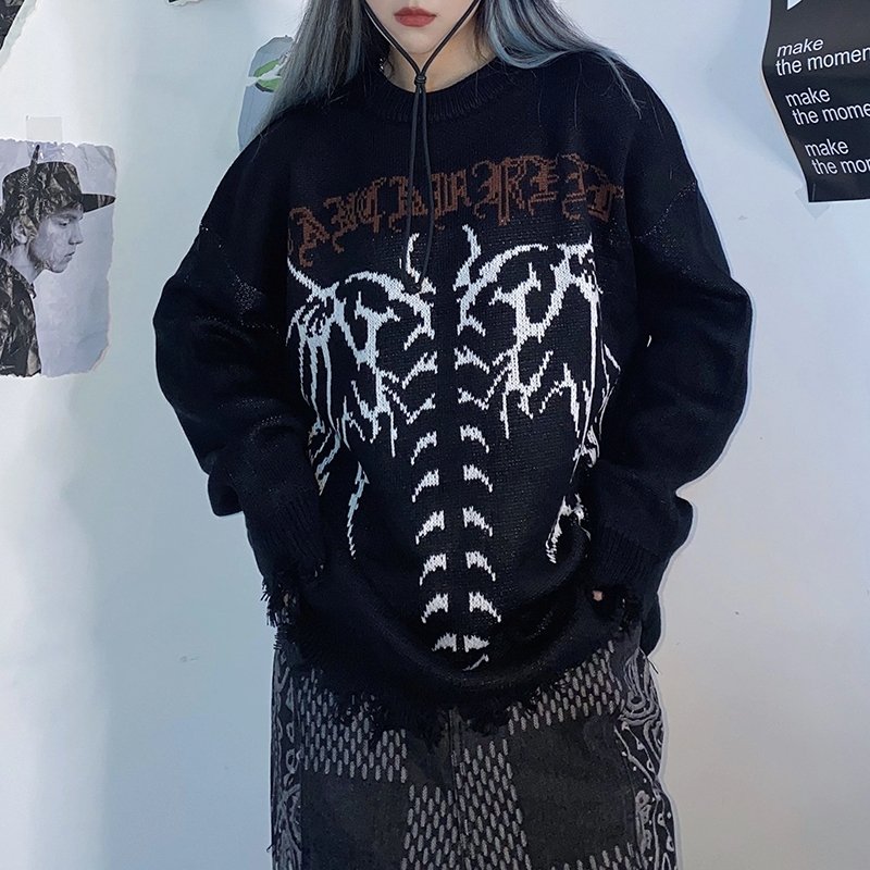 Grunge Y2k Dark Printed Knit Sweater - Kirakira World - grungestyle - kawaii fashion -kawaii store-kawaii aesthetic - kawaiistyle
