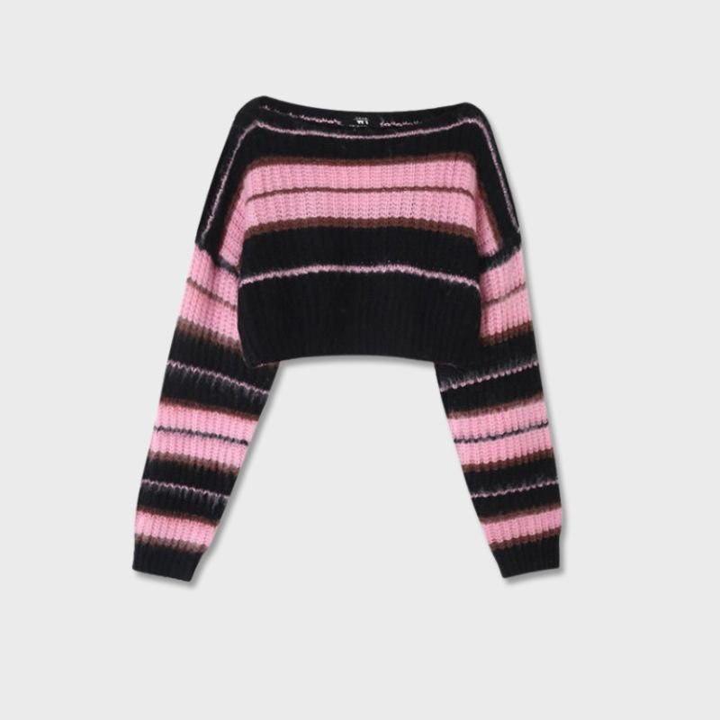 Pink Black Striped Cropped Sweater - Kirakira World